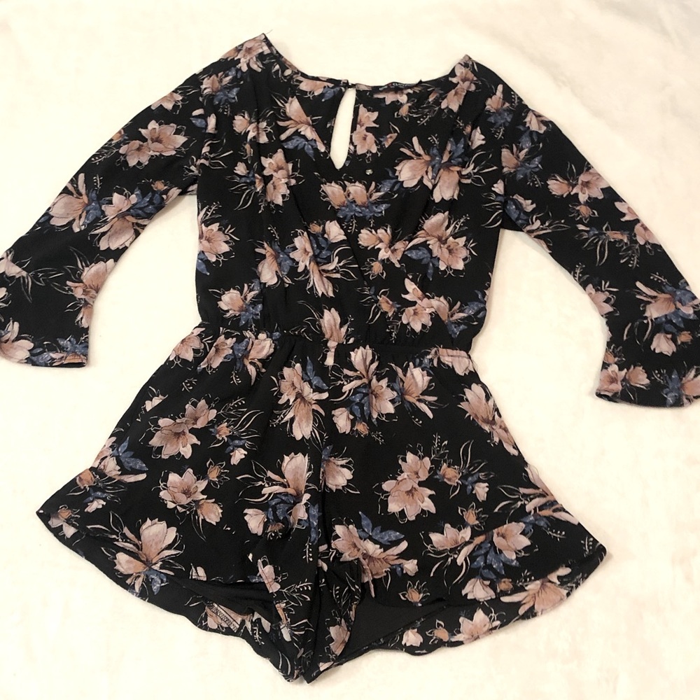 Black floral romper, long sleeve